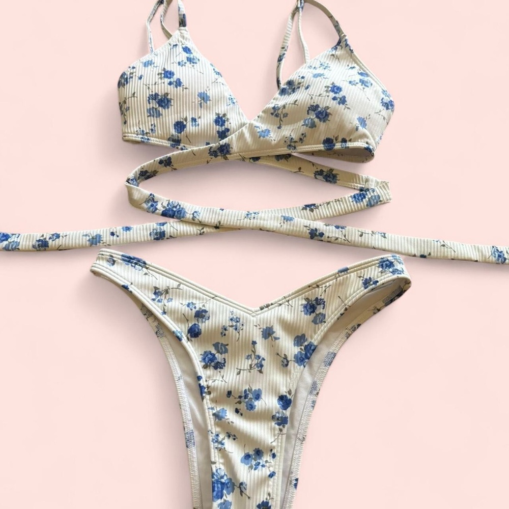 Hollister Cream Bikini Set with Blue Floral Print